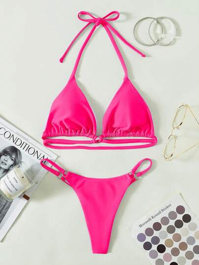 Summer Ring Linked Halter Triangle Bikini Set