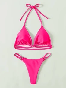 Summer Ring Linked Halter Triangle Bikini Set