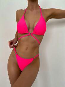 Summer Ring Linked Halter Triangle Bikini Set