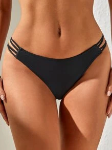 SHEIN Swim Summer Beach Solid Cut Out Side Bikini Bottom - Black - View 1