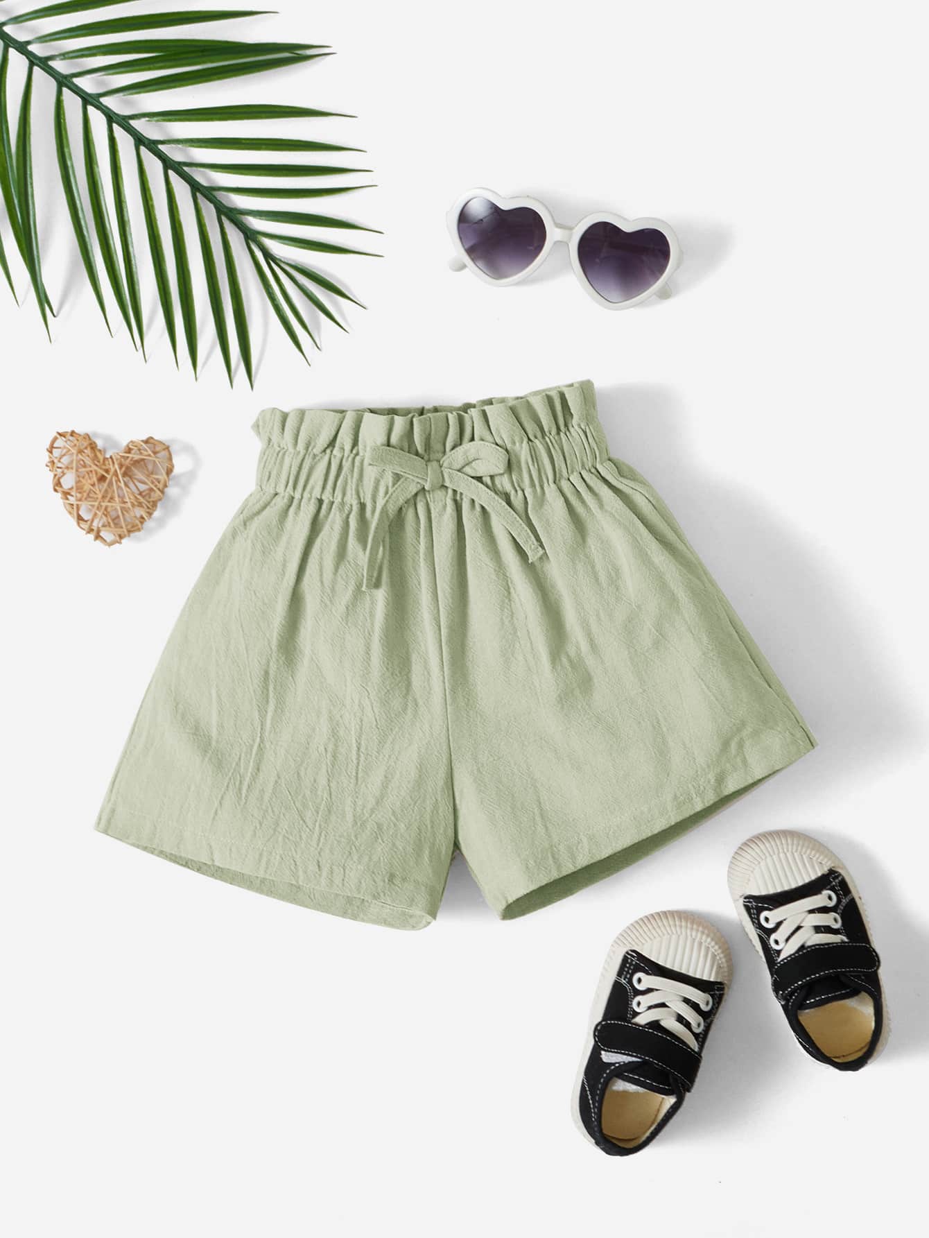 SHEIN Baby Paperbag Waist Knot Front Shorts - Mint Green - View 1