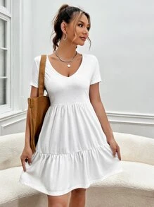 SHEIN EZwear Vestido unicolor bajo con fruncido - Blanco - Ver 3
