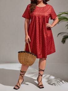 SHEIN VCAY Plus Allover Print Smock Dress - Red - View 1