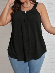 SHEIN LUNE Plus Solid Button Detail Tank Top - Black - View 1