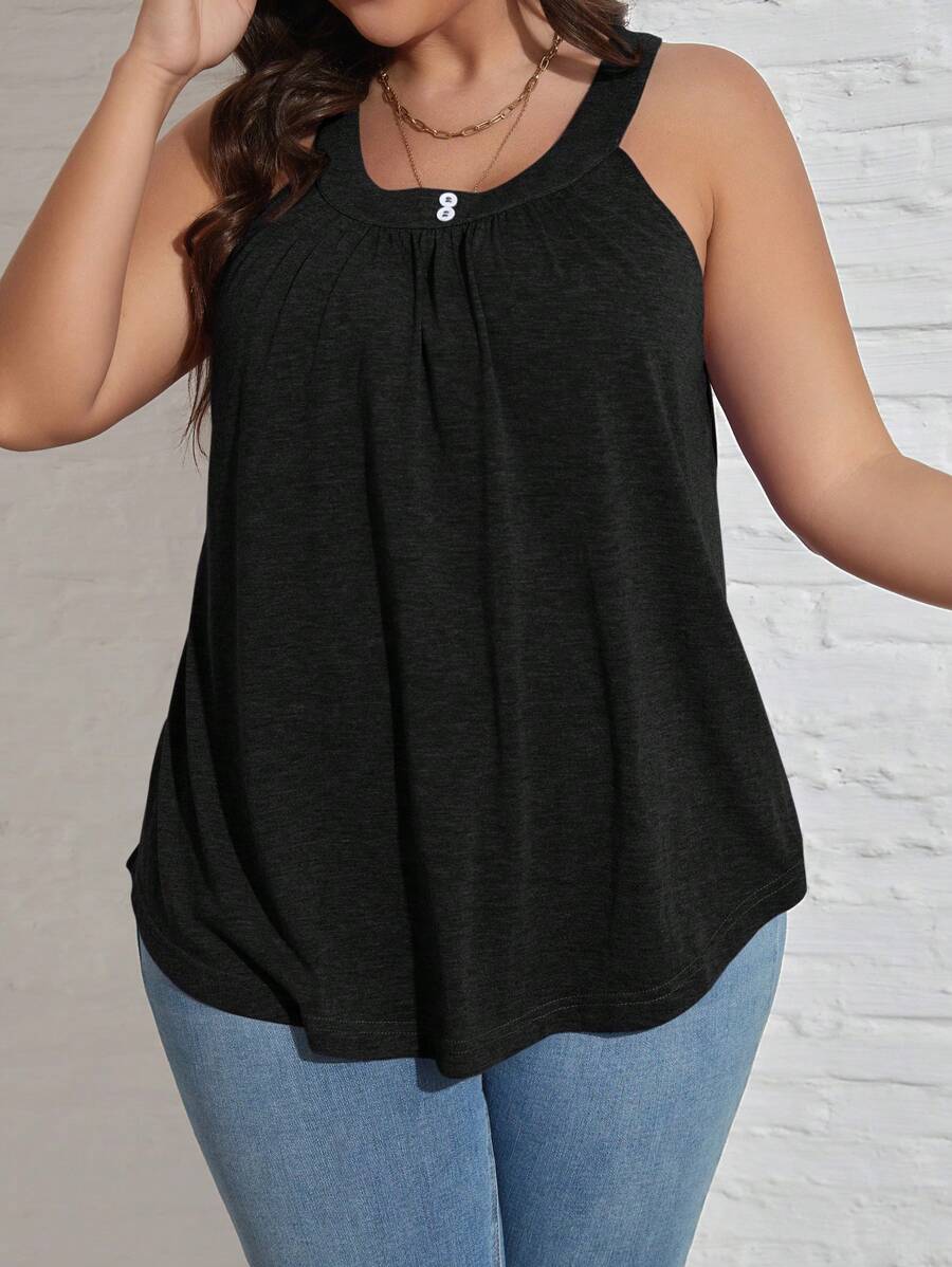SHEIN LUNE Plus Solid Button Detail Tank Top - Black - View 1