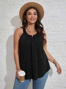 SHEIN LUNE Plus Solid Button Detail Tank Top - Black - View 2