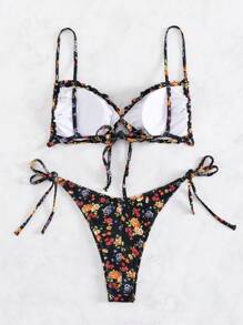 Swim Mod 夏季海滩花卉印花比基尼套装荷叶边吊带文胸和系带侧边下装 2 件比基尼 - 彩色 - 查看 2