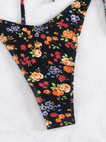 Swim Mod 夏季海滩花卉印花比基尼套装荷叶边吊带文胸和系带侧边下装 2 件比基尼 - 彩色 - 查看 4