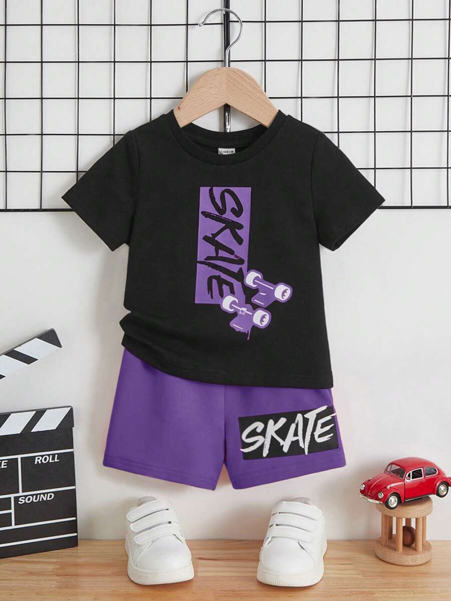 SHEIN Baby Boy Casual Simple Letter Print TShirt And Shorts Set