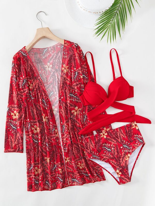 SHEIN Swim Classy Tropical Print Wrap Push Up Bikini Swimsuit With