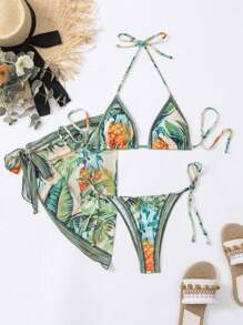 SHEIN Swim Tropical Print Halter Triangle Bikini Set With Beach Skirt,Summer Beach
