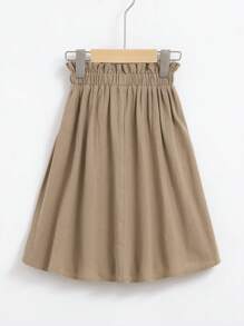 SHEIN Chân váy xếp ly dáng suông, cạp cao, màu trơn, dành cho bé gái, dài vừa phải. - Màu Khaki - Xem 2