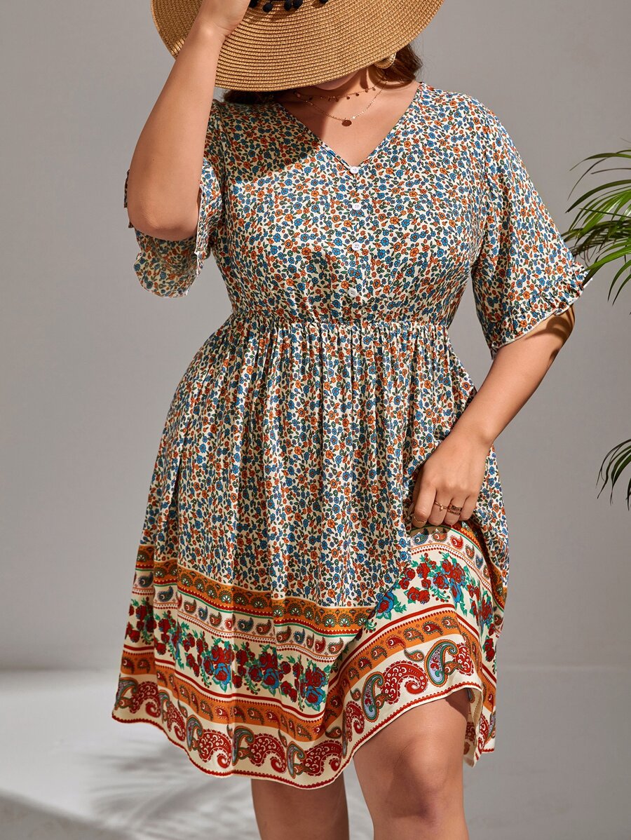 SHEIN VCAY Plus Ditsy Floral Print V Neck Dress - Multicolor - View 1