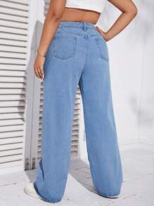 SHEIN EZwear Quần Denim kích thước lớn Nút Túi Dây kéo Hoa - Rửa nhẹ - Xem 3