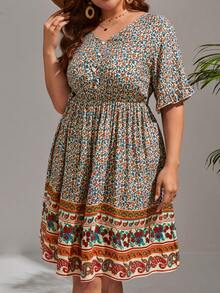 SHEIN VCAY Plus Ditsy Floral Print V Neck Dress - Multicolor - View 4