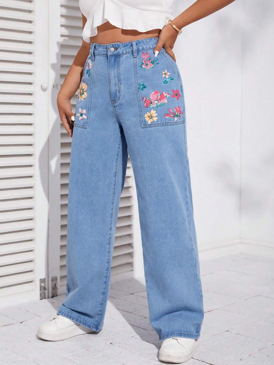 SHEIN EZwear Quần Denim kích thước lớn Nút Túi Dây kéo Hoa - Rửa nhẹ - Xem 1