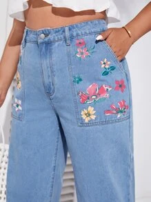 SHEIN EZwear Quần Denim kích thước lớn Nút Túi Dây kéo Hoa - Rửa nhẹ - Xem 6