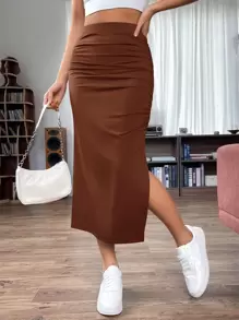 SHEIN EZwear 素色褶邊高衩半身裙 - 棕色 - 查看 1