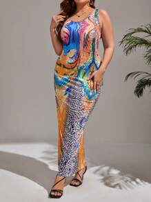 SHEIN VCAY Plus Graphic Print Tank Dress - Multicolor - View 3