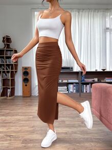 SHEIN EZwear 素色褶邊高衩半身裙 - 棕色 - 查看 3