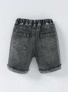 SHEIN 年轻男孩百搭黑色牛仔短裤，带有破洞细节，夏季 - 灰色 - 查看 2