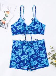 Bañador bikini con estampado floral con cordón - Azul - Ver 3