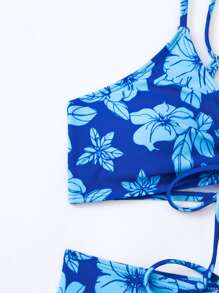 Bañador bikini con estampado floral con cordón - Azul - Ver 4