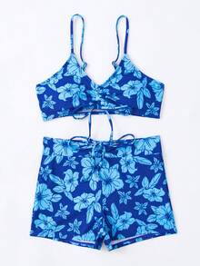 Bañador bikini con estampado floral con cordón - Azul - Ver 5