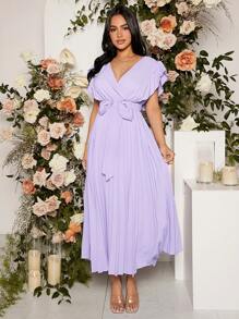 SHEIN 孕婦交疊領百褶下擺繫腰帶連衣裙 - 紫丁香色 - 查看 1