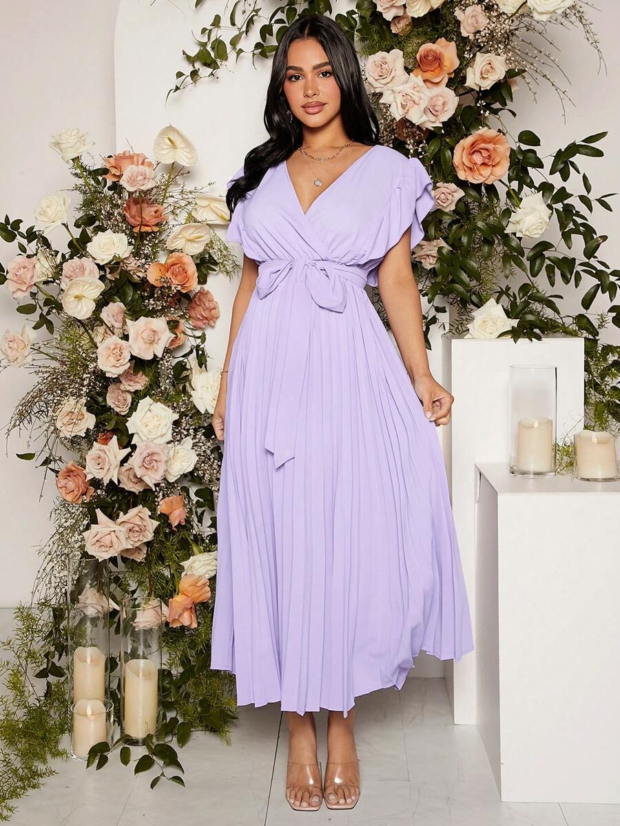 SHEIN 孕婦交疊領百褶下擺繫腰帶連衣裙 - 紫丁香色 - 查看 1