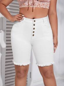 SHEIN Essnce 大碼紐扣門襟毛邊牛仔短褲 - 白色 - 查看 1