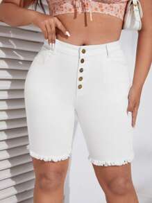SHEIN Essnce 大碼紐扣門襟毛邊牛仔短褲 - 白色 - 查看 3