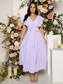 SHEIN 孕婦交疊領百褶下擺繫腰帶連衣裙 - 紫丁香色 - 查看 5
