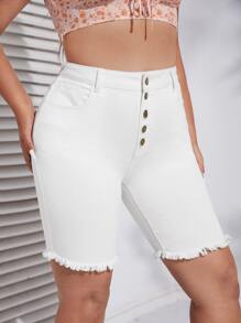 SHEIN Essnce 大碼紐扣門襟毛邊牛仔短褲 - 白色 - 查看 5