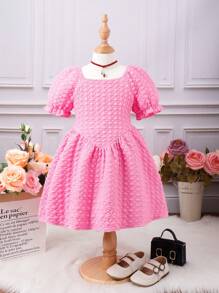 Toddler Girls Solid Puff Sleeve Dress - Pink - View 1