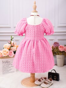 Toddler Girls Solid Puff Sleeve Dress - Pink - View 2