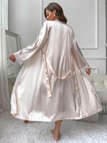 Contrast Lace Satin PJ Set - Baby Pink - View 2