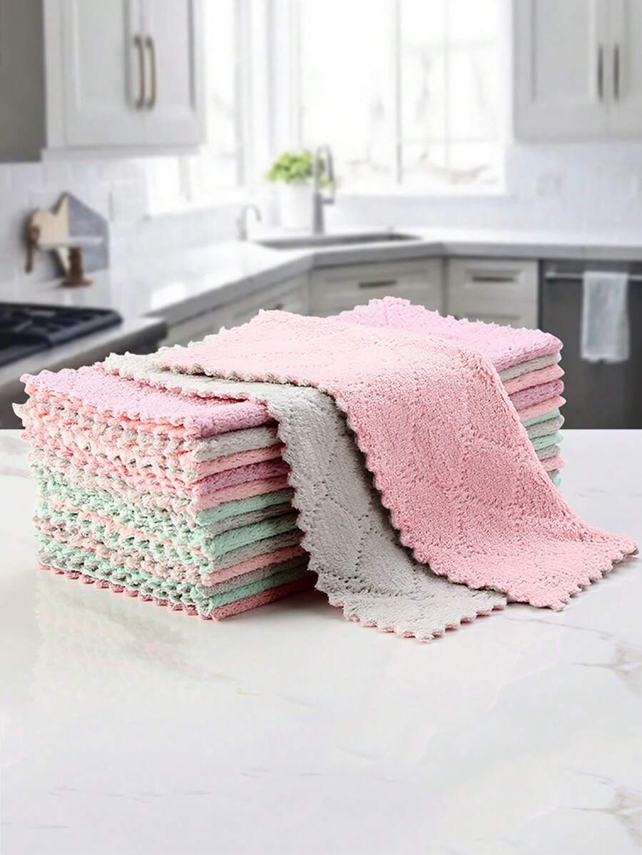10/5/1pc Mixed Color Reversible Coral Fleece Thick Soft Dish Washing Cleaning Cloth, Home Kitchen Cleaning Supplies - Multicolor - View 1