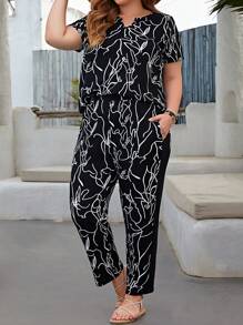 EMERY ROSE Plus Allover Print Notched Neck Top & Trousers - Black - View 4