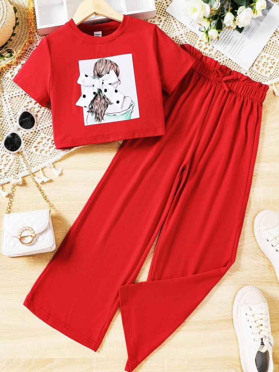 SHEIN 女孩人像圖案T恤和紙袋腰前蝴蝶結闊腿褲 - 紅色 - 查看 1