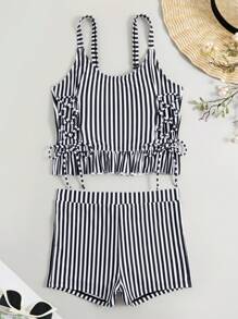 SHEIN Swim 条纹抽绳侧短裤比基尼，夏季海滩 - 黑與白 - 查看 3