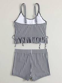 SHEIN Swim 条纹抽绳侧短裤比基尼，夏季海滩 - 黑與白 - 查看 4