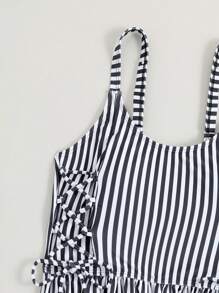 SHEIN Swim 条纹抽绳侧短裤比基尼，夏季海滩 - 黑與白 - 查看 5