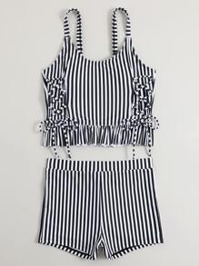 SHEIN Swim 条纹抽绳侧短裤比基尼，夏季海滩 - 黑與白 - 查看 7