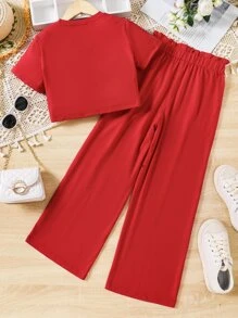 SHEIN 女孩人像圖案T恤和紙袋腰前蝴蝶結闊腿褲 - 紅色 - 查看 2