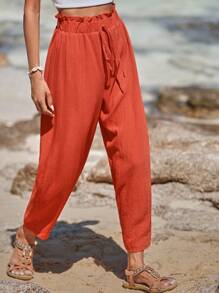 SHEIN VCAY Solid Paperbag Waist Knot Front Trousers - Orange - View 1