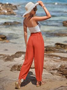 SHEIN VCAY Solid Paperbag Waist Knot Front Trousers - Orange - View 2