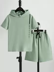 SHEIN Bộ hai mảnh Trai Dây kéo Túi Lá thư Giải trí - Màu xanh Bạc hà - Xem 1