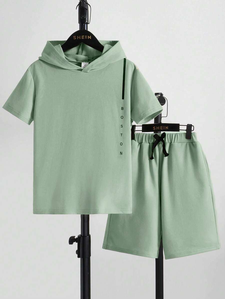 SHEIN Bộ hai mảnh Trai Dây kéo Túi Lá thư Giải trí - Màu xanh Bạc hà - Xem 1