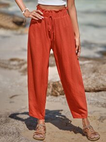 SHEIN VCAY Solid Paperbag Waist Knot Front Trousers - Orange - View 6